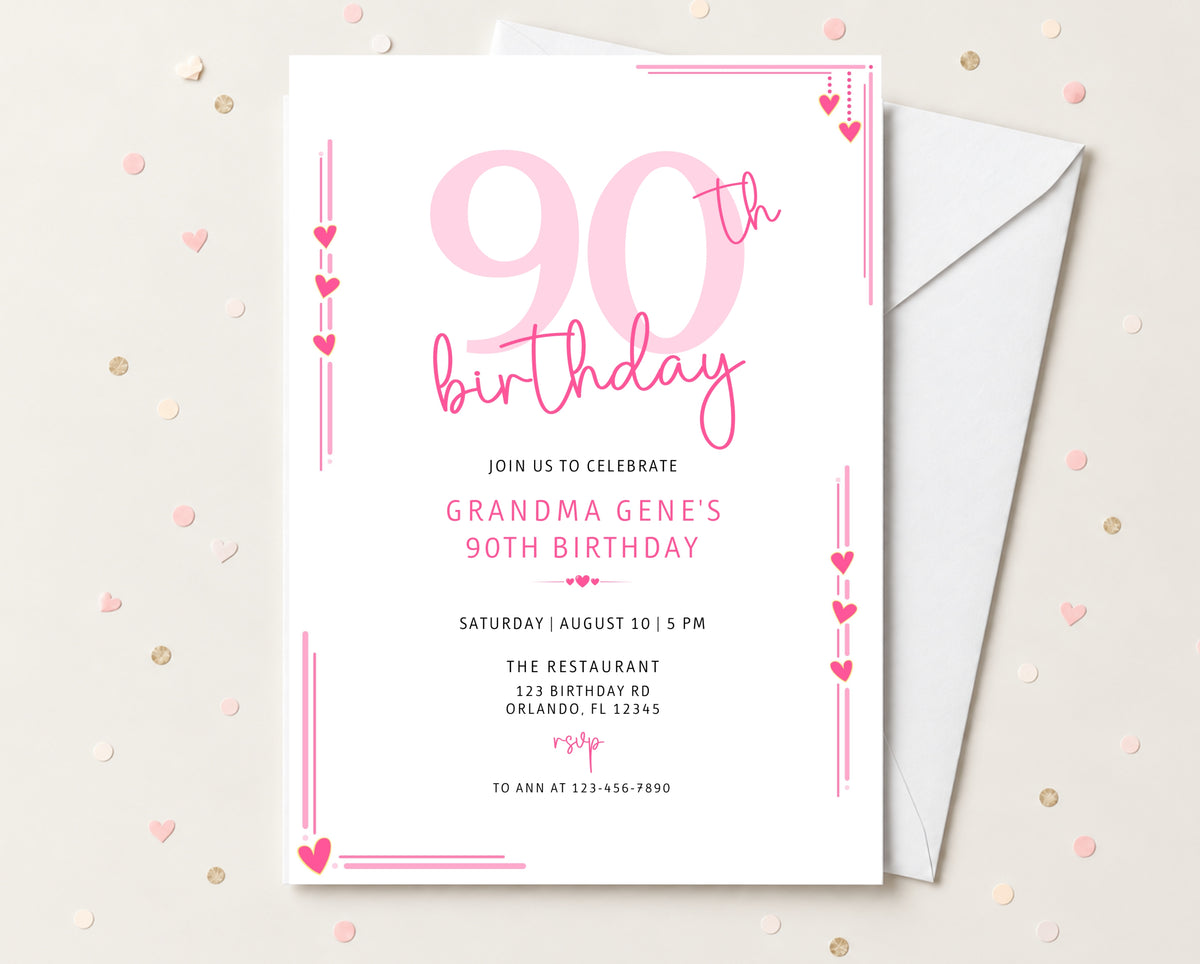 Pink Hearts 90th Birthday Invitation Main image