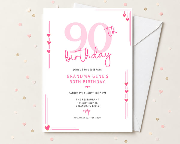 Pink Hearts 90th Birthday Invitation