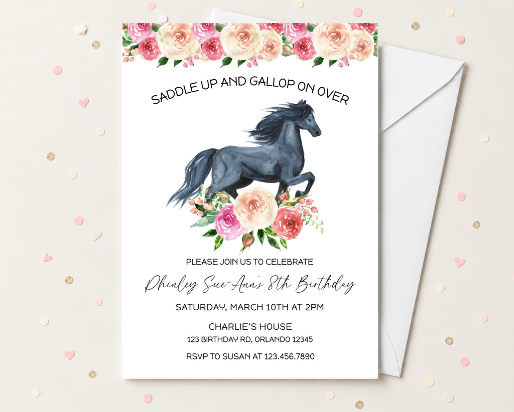 Floral Black Horse Birthday Invitation