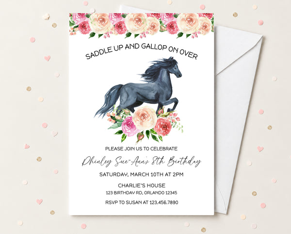Floral Black Horse Birthday Invitation