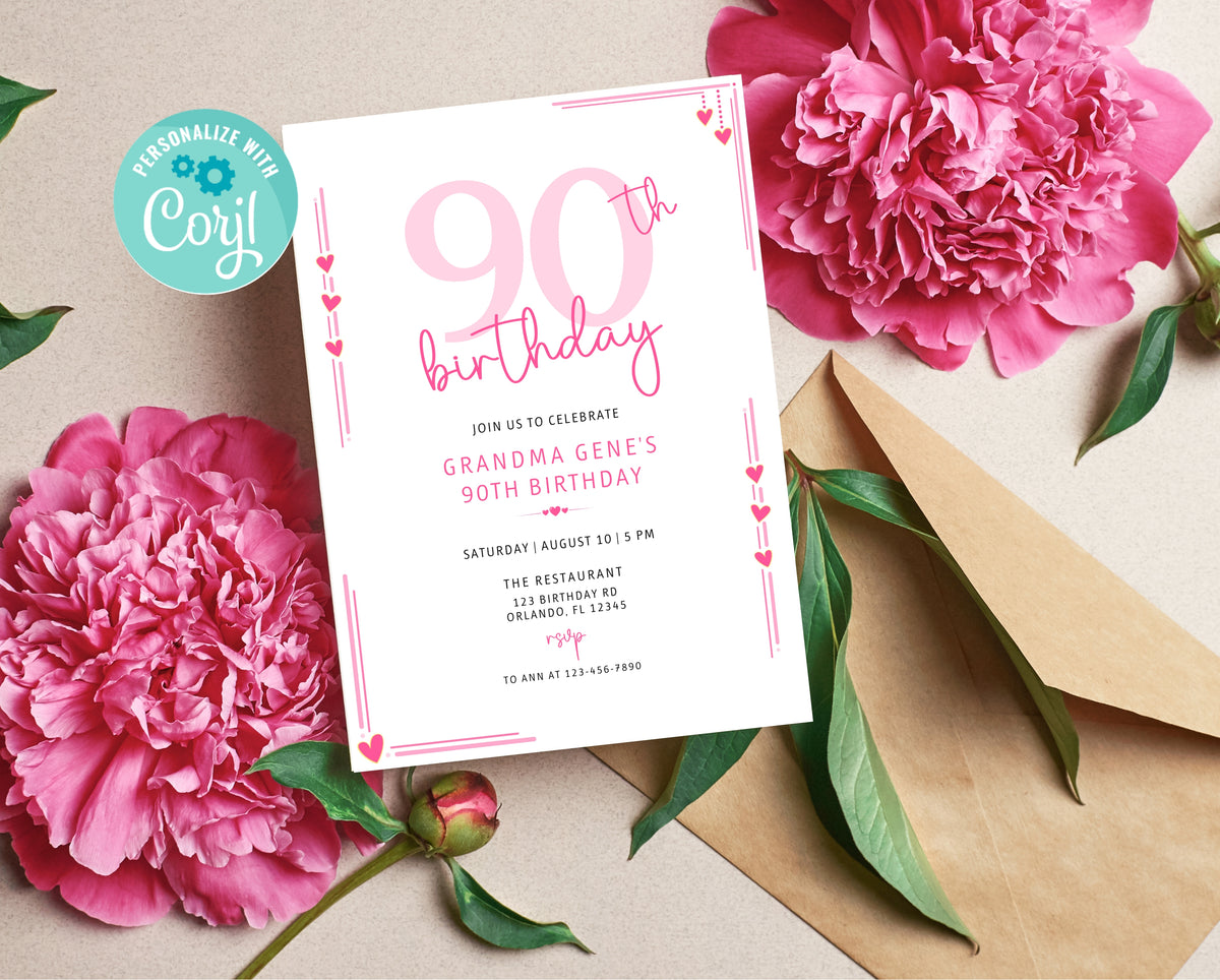 Pink Hearts 90th Birthday Invitation