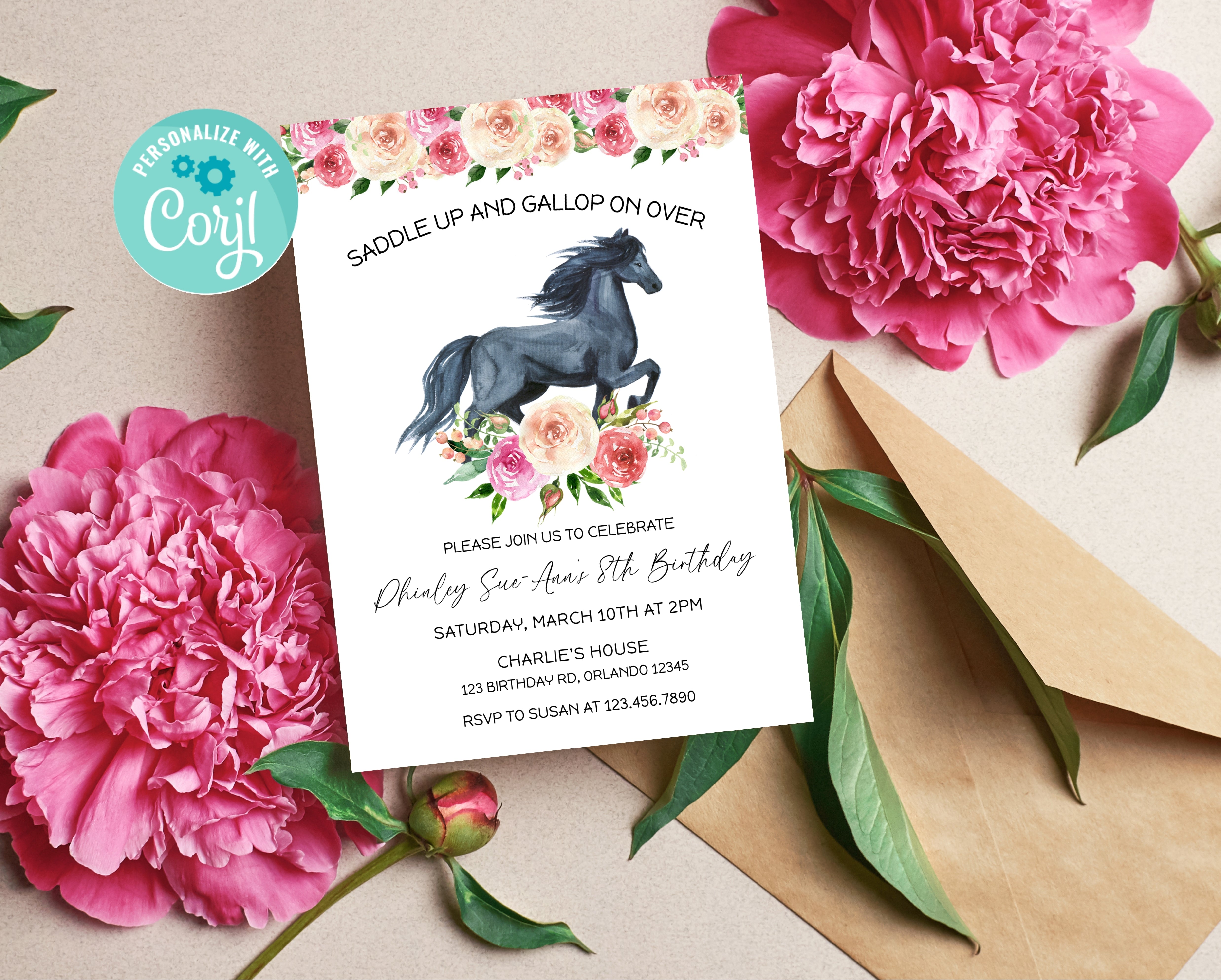 Floral Black Horse Birthday Invitation Secondary image