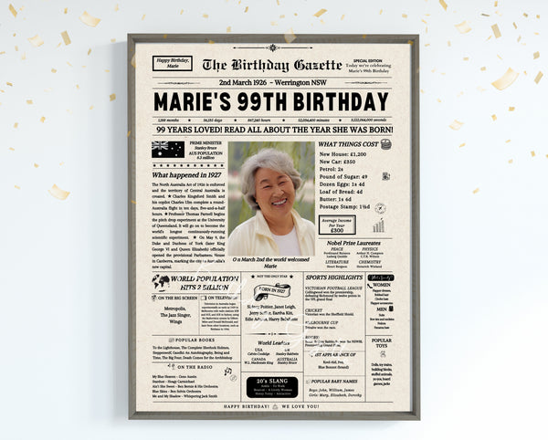 99th Birthday Newspaper Customized Australia