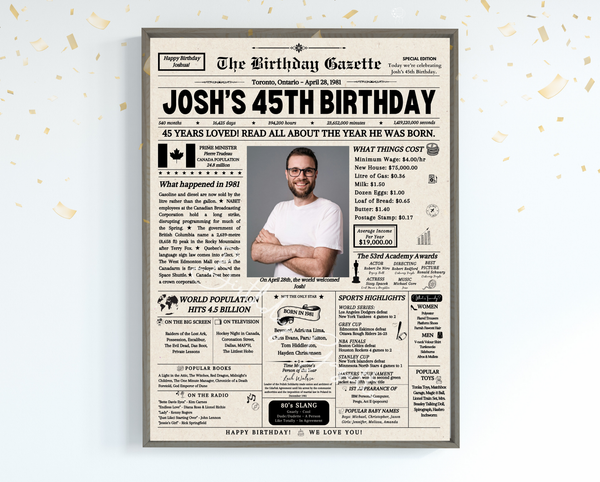 45th Birthday Newspaper Customized Canada