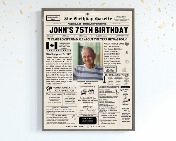 75th Birthday Newspaper Customized Canada