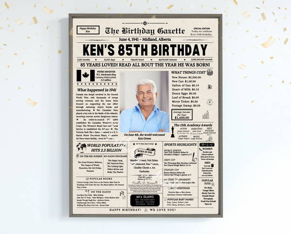 85th Birthday Newspaper Customized Canada