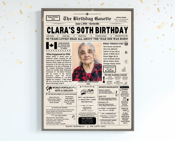 90th Birthday Newspaper Customized Canada