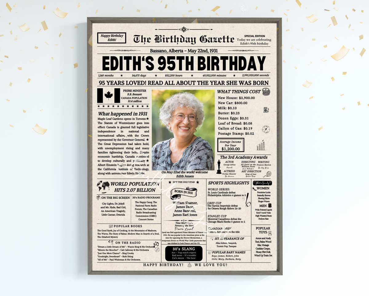 95th Birthday Newspaper Customized Canada
