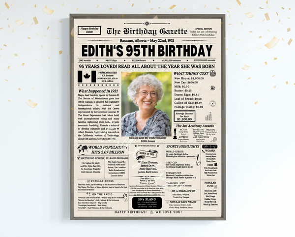 95th Birthday Newspaper Customized Canada