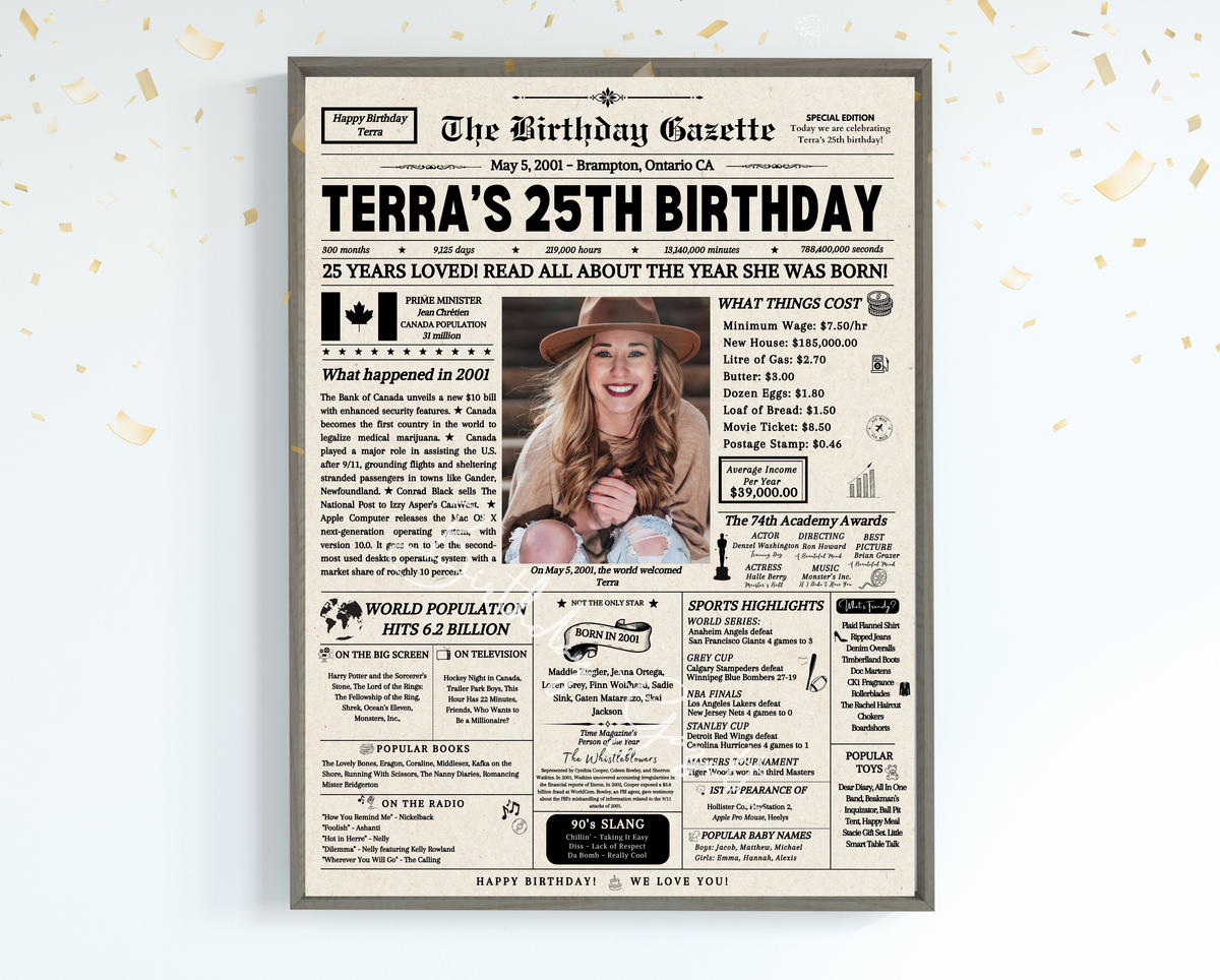 25th Birthday Newspaper Customized Canada