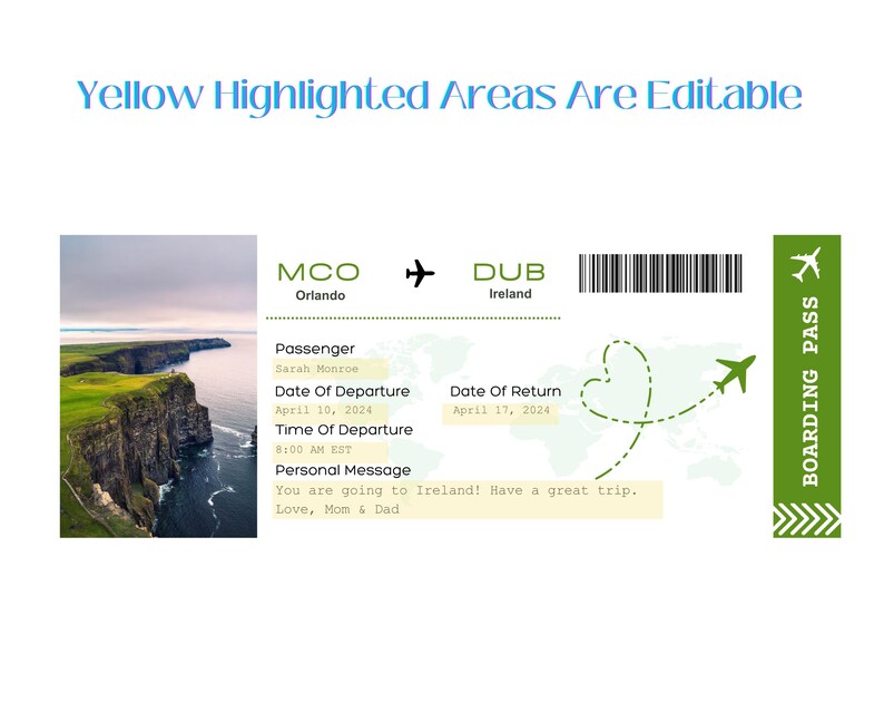 Printable Ireland Boarding Pass Ticket