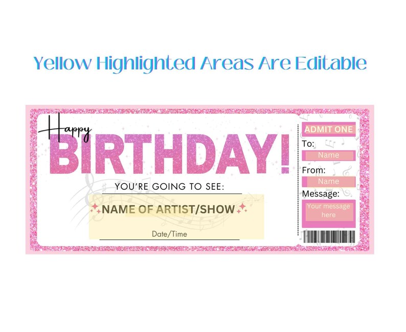 Printable Pink Glitter Happy Birthday Ticket