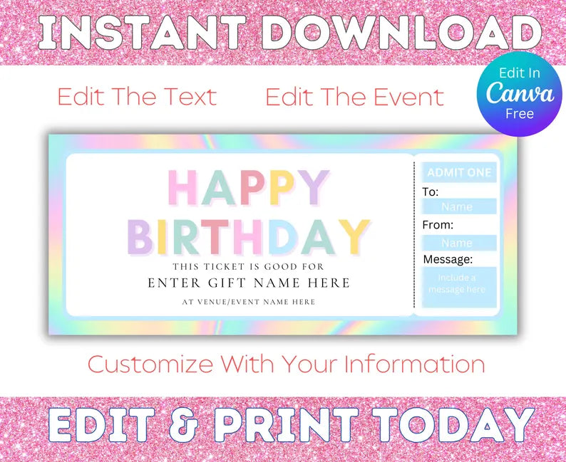 Printable Iridescent Happy Birthday Ticket