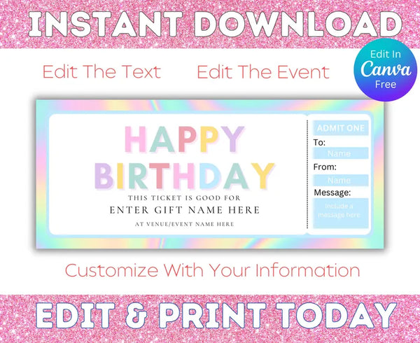 Printable Iridescent Happy Birthday Ticket