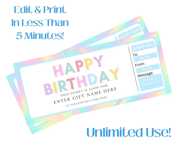 Printable Iridescent Happy Birthday Ticket