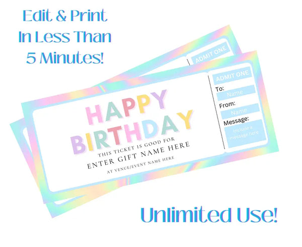 Printable Iridescent Happy Birthday Ticket