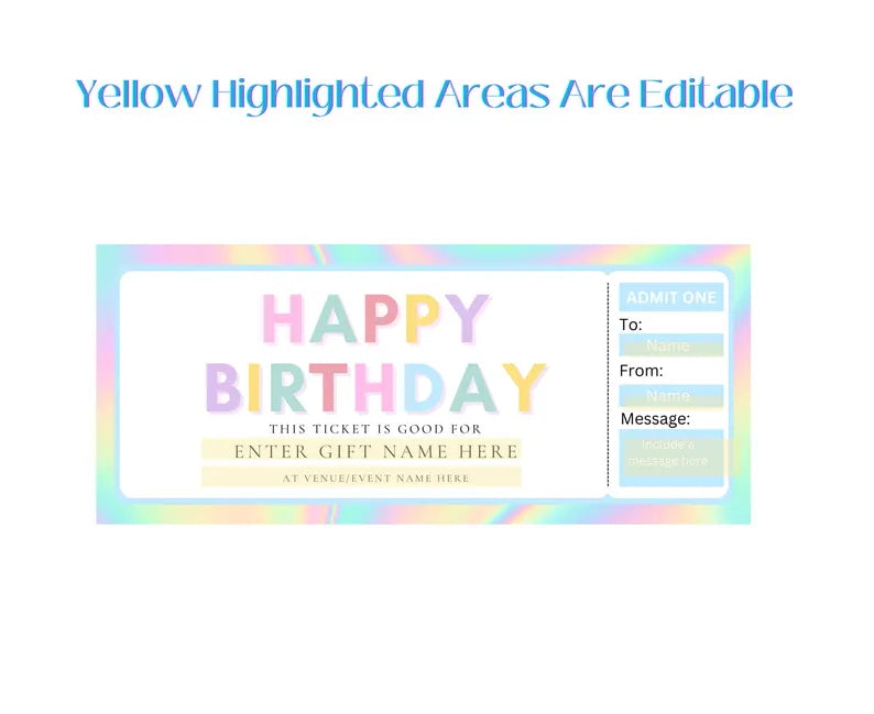 Printable Iridescent Happy Birthday Ticket