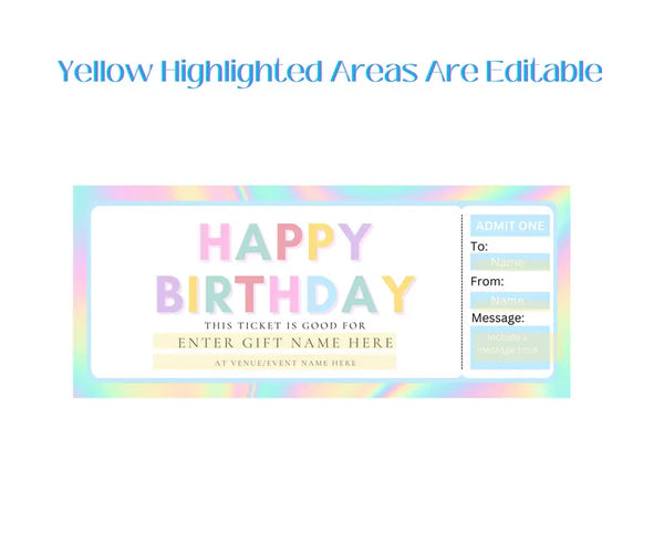 Printable Iridescent Happy Birthday Ticket