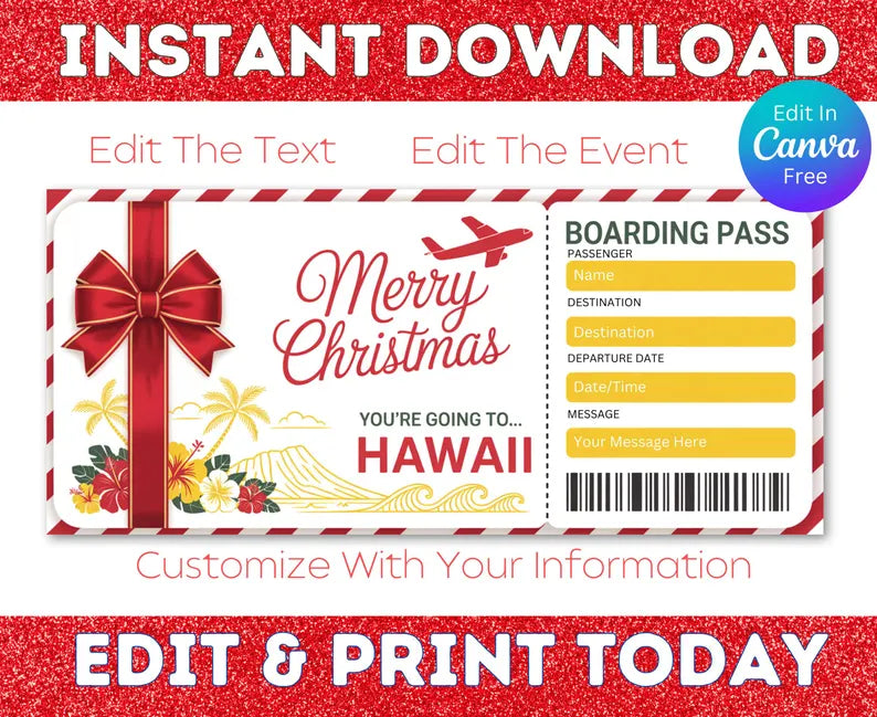 Printable Hawaiian Christmas Boarding Pass Ticket