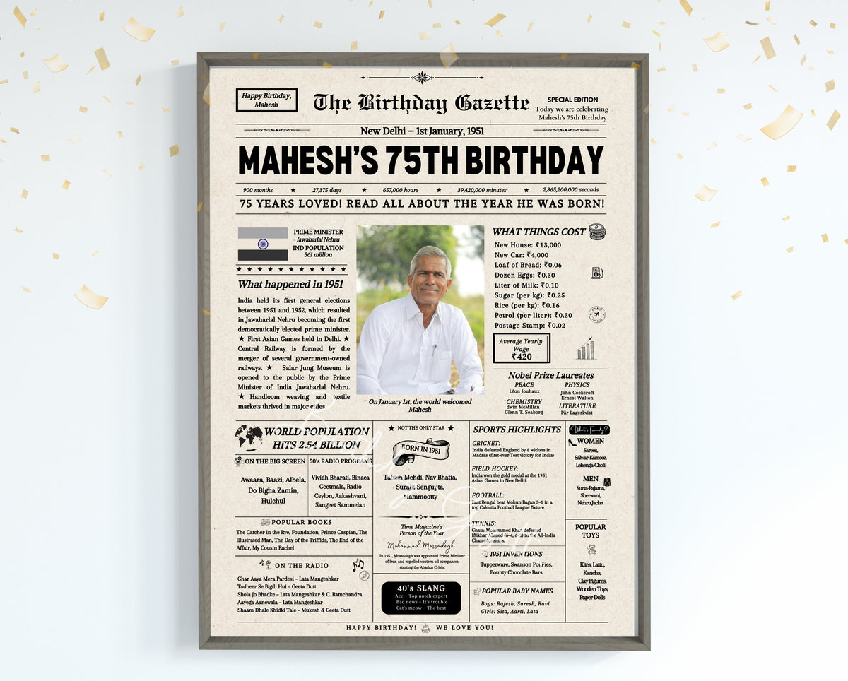 75th Birthday Newspaper Customized India
