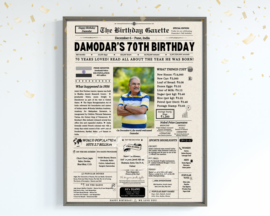 70th Birthday Newspaper Customized India