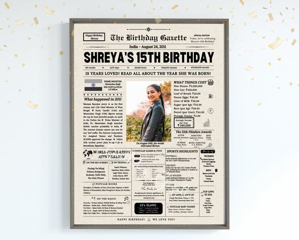 15th Birthday Newspaper Customized India