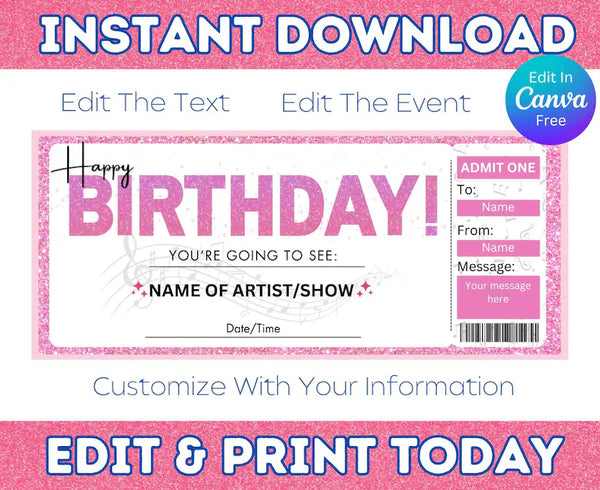 Printable Pink Glitter Happy Birthday Ticket