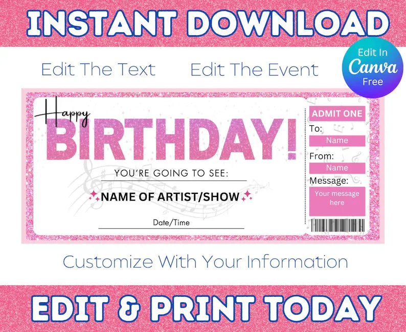 Printable Pink Glitter Happy Birthday Ticket Main image