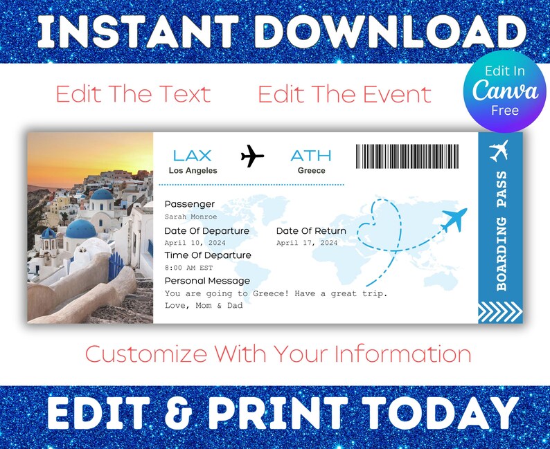 Printable Greece Boarding Pass Ticket