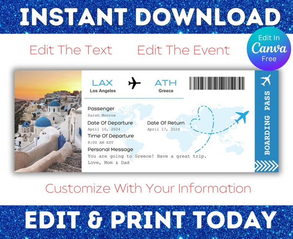 Printable Greece Boarding Pass Ticket