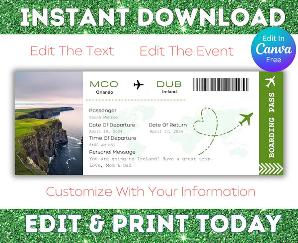 Printable Ireland Boarding Pass Ticket