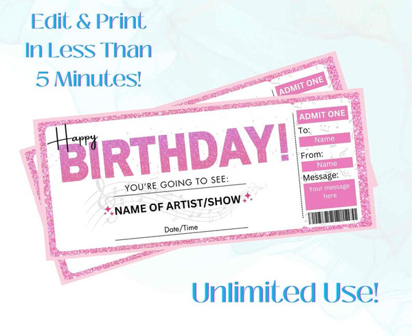 Printable Pink Glitter Happy Birthday Ticket