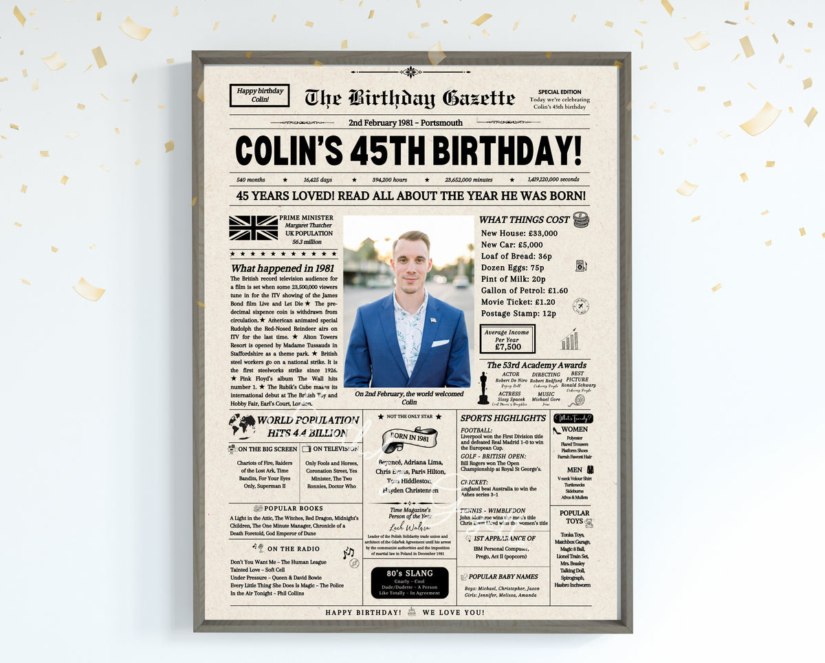 45th Birthday Newspaper Customized UK