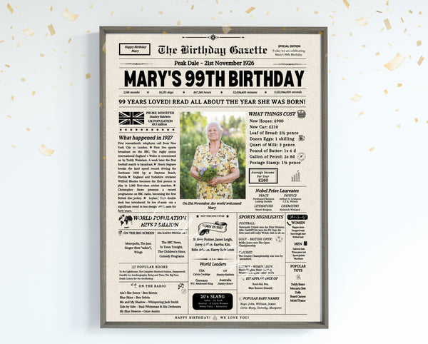 99th Birthday Newspaper Customized UK