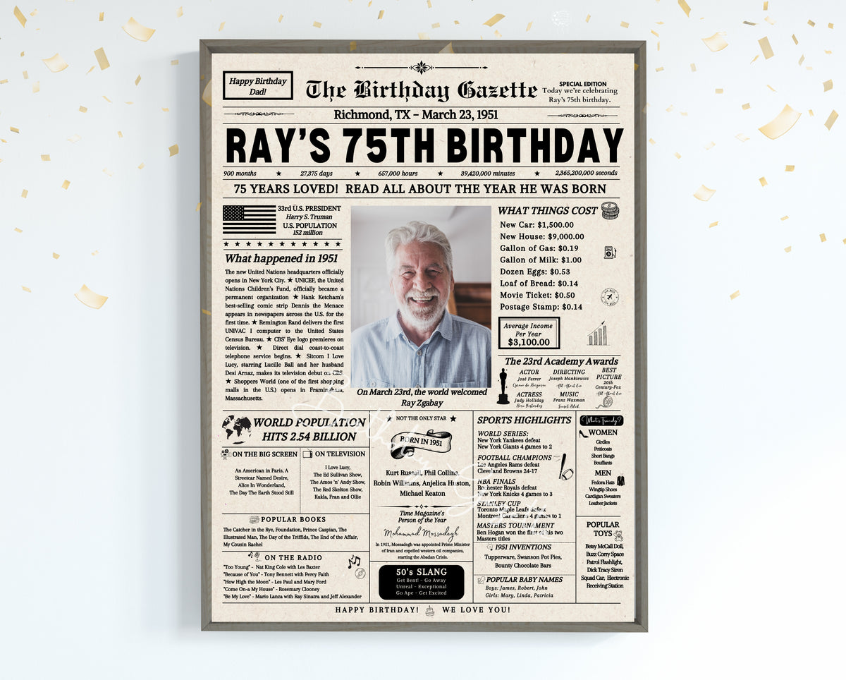75th Birthday Newspaper Customized USA