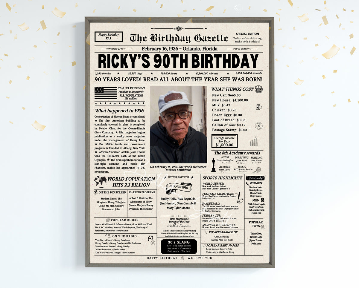 90th Birthday Newspaper Customized USA